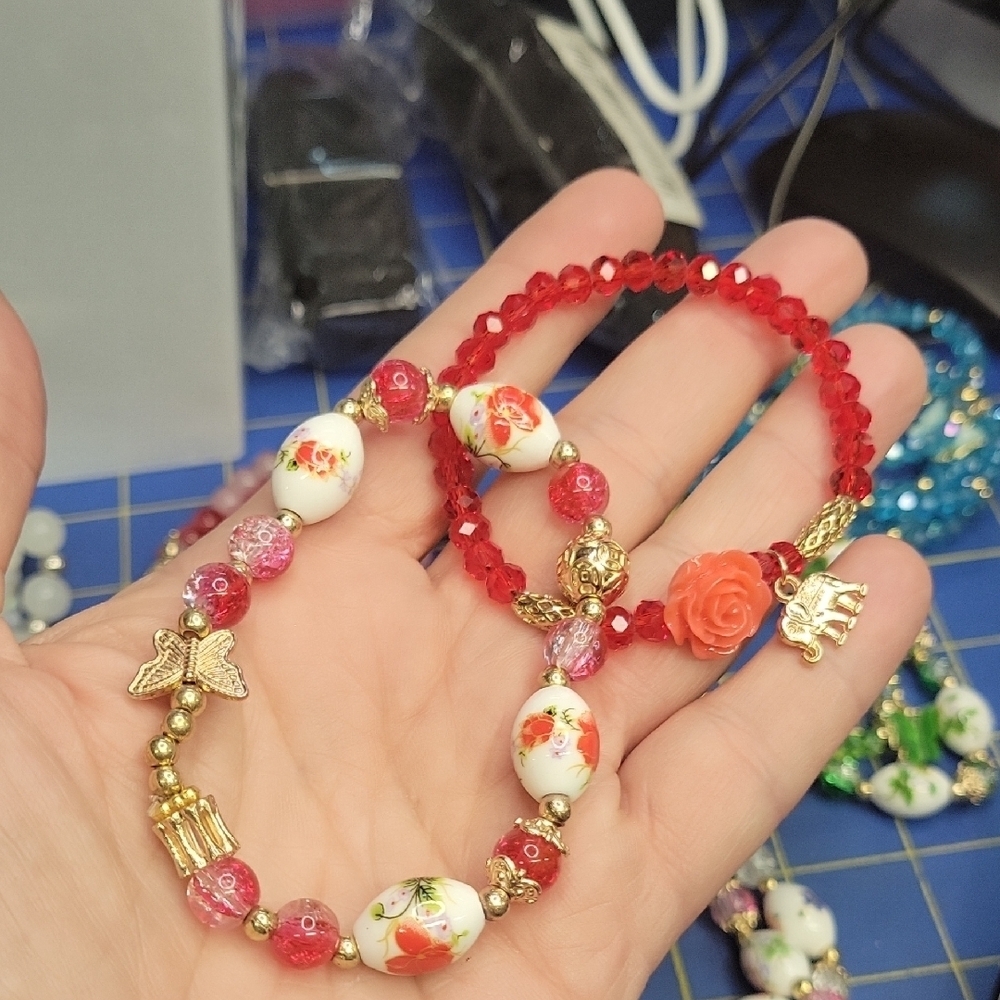 Floral Butterfly Elephant Bead 7" & 8" Bracelet Red Accents Set of 2